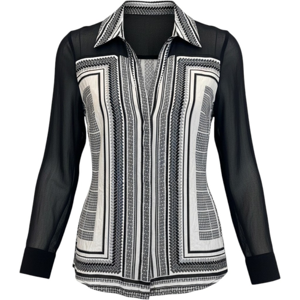 Cache Silk Blend Geometric Blouse M Black White